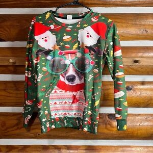 Festive Green Christmas Sweater with Santa and Dog